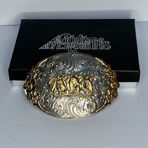 Vintage Wage’s Sterling Overlay Gold Silver Floral Horse Heads Belt Buckle